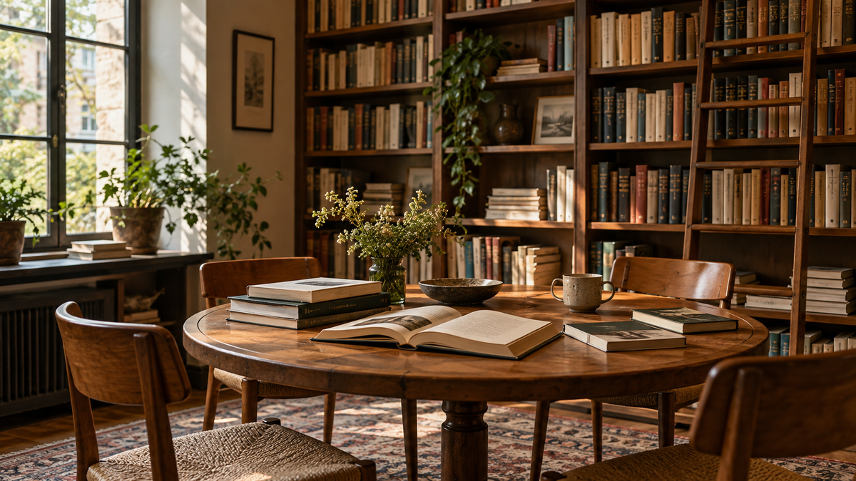 Biblioteca acogedora con libros alrededor de una mesa, luz natural y espacio para la conversación