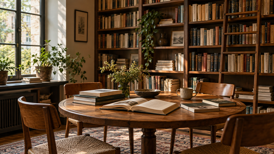 Biblioteca acogedora con libros alrededor de una mesa, luz natural y espacio para la conversación